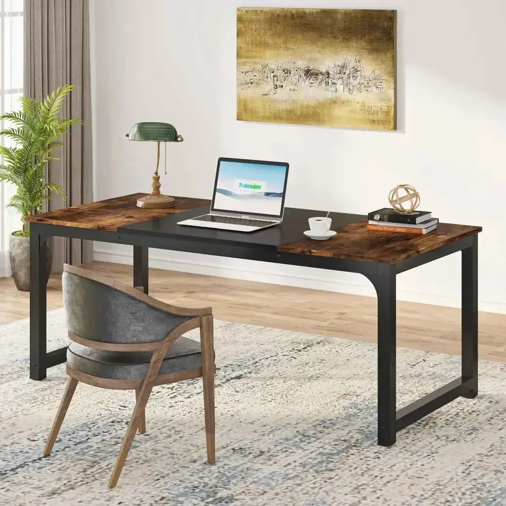 Spacious Computer Desk with Rustic Wood Top and Black Metal Frame - Ergo Heights