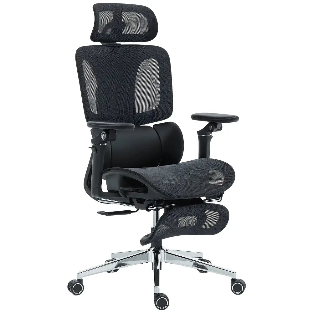 Ergonomic high-back mesh office chair with separated backrest, headrest, and adjustable armrests on a chrome base.