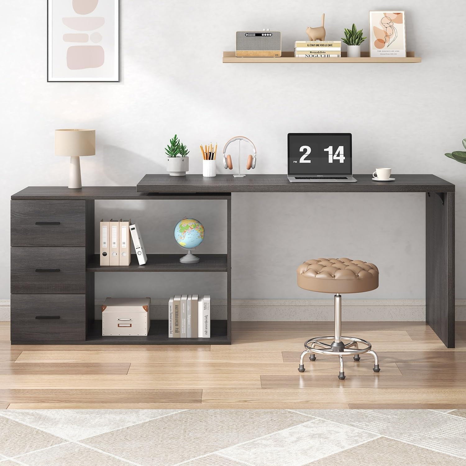 L Shaped Computer Desk Corner Home Office Desk with Drawers 150Cm Grey