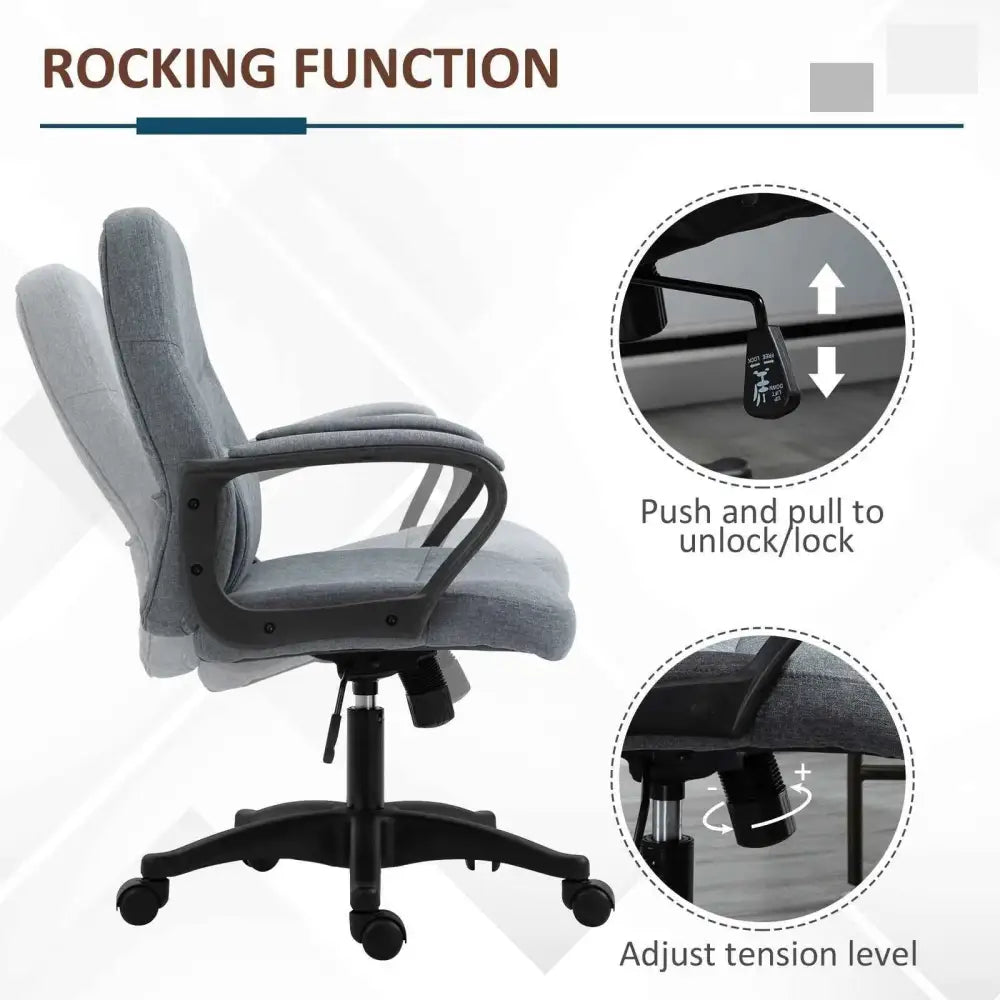 Gray fabric office chair with black metal frame and rolling base.