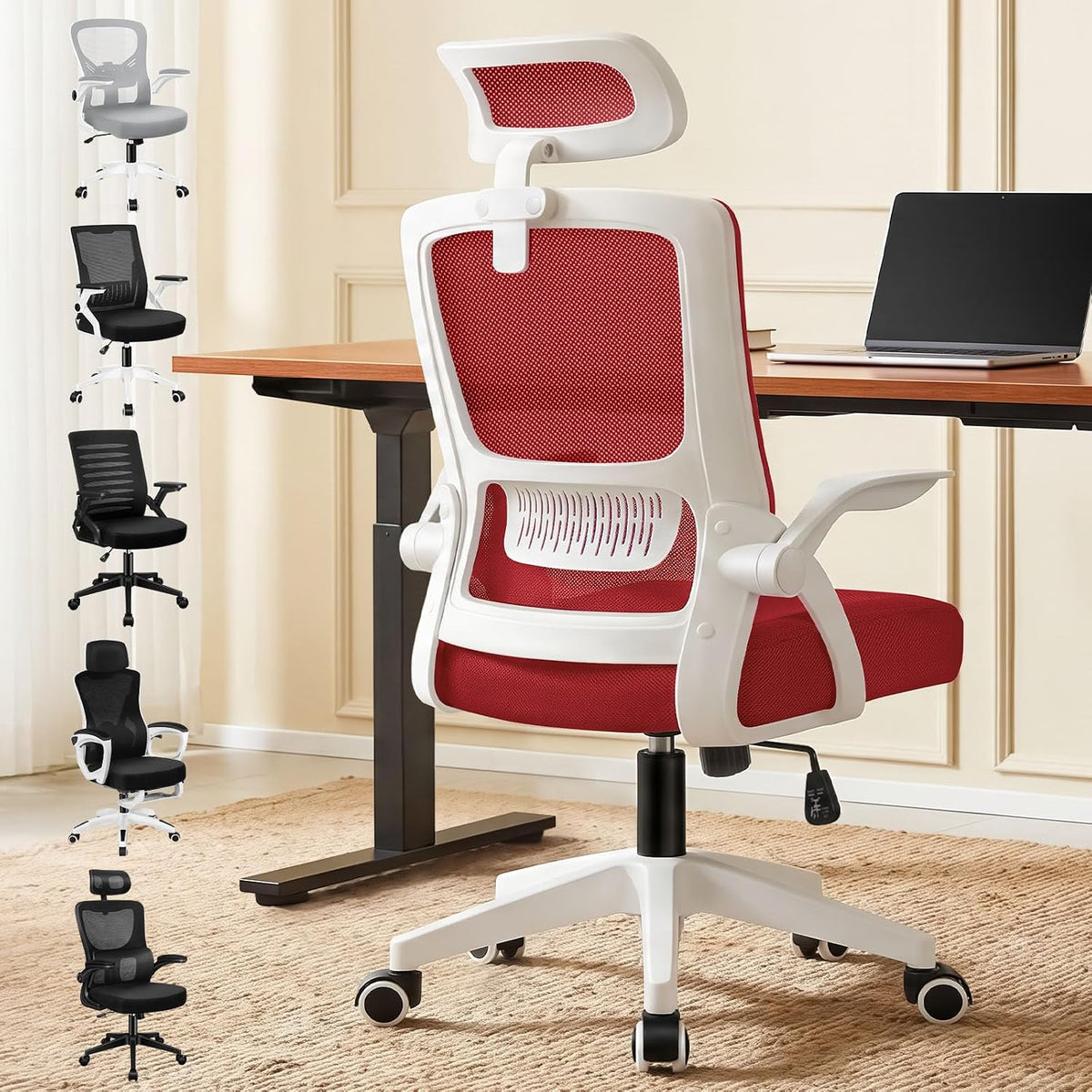 Ergonomic Office Chair, Mesh Desk Chairs with Headrest Lumbar Support, Executive Computer Swivel Chairs with Flip-Up Armrests, Comfy Seat, Height Adjustable, Rocking for Home, White & Red