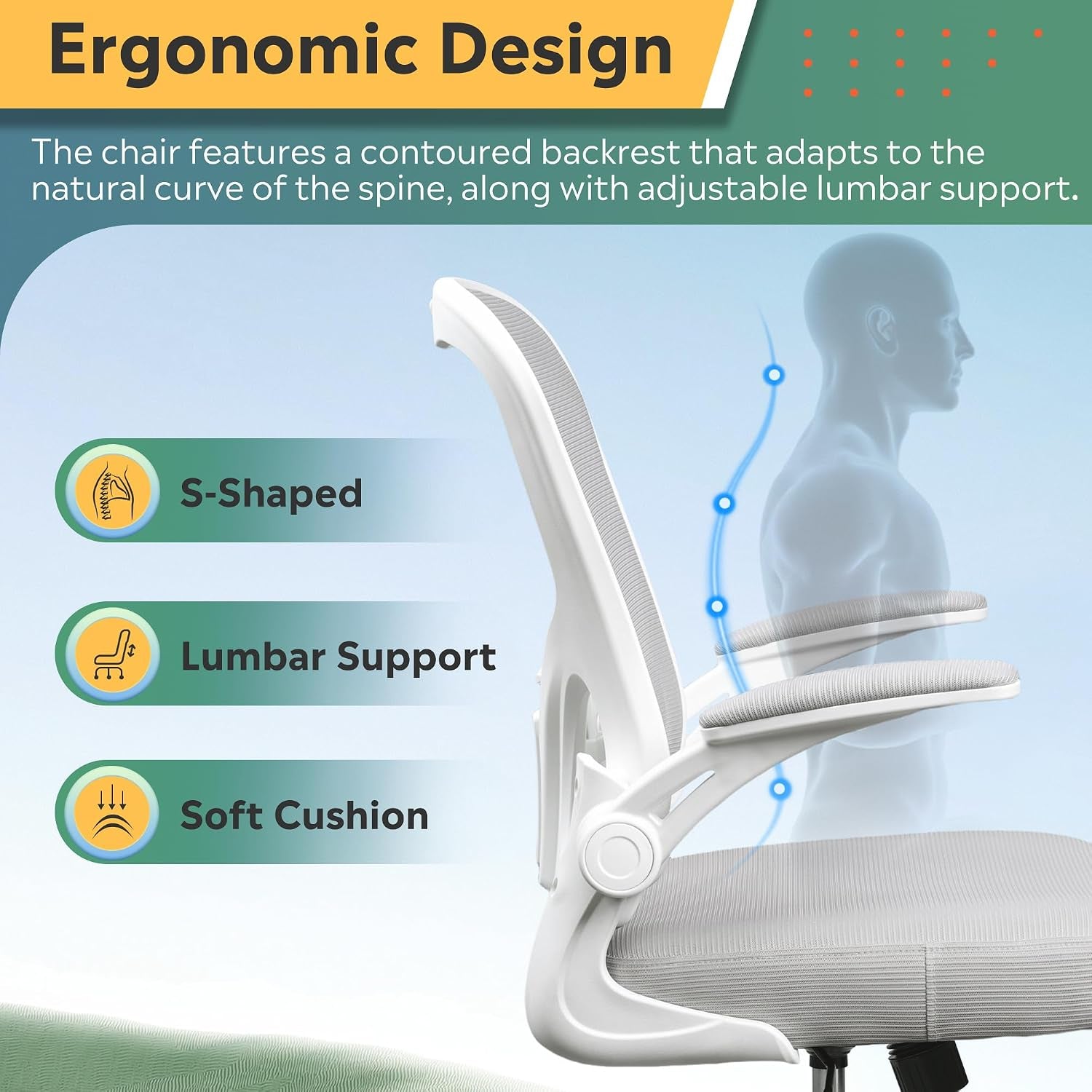 Ergonomic Office Chair with 90° Flip-Up Armrest, Lumbar Support, Home Office Chair with Padded Seat Cushion, Height Adjustable, 360° Rotation, Mesh Backrest for Home/Office, Grey