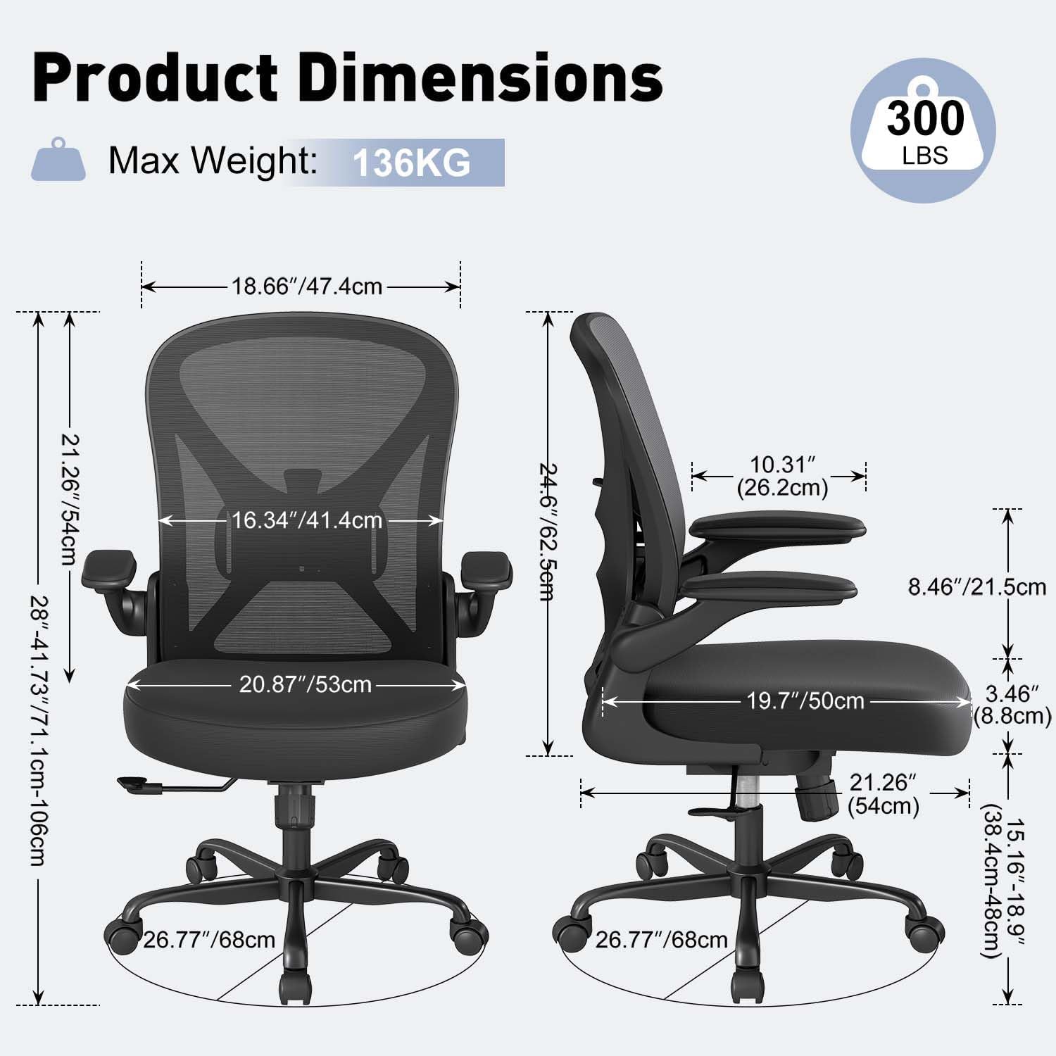 Ergonomic Mesh Office Chair with Adjustable Lumbar Support ＆ Flip-Up Arms, Breathable Computer Home Desk Chair with 360 & Height Adjustment, Black