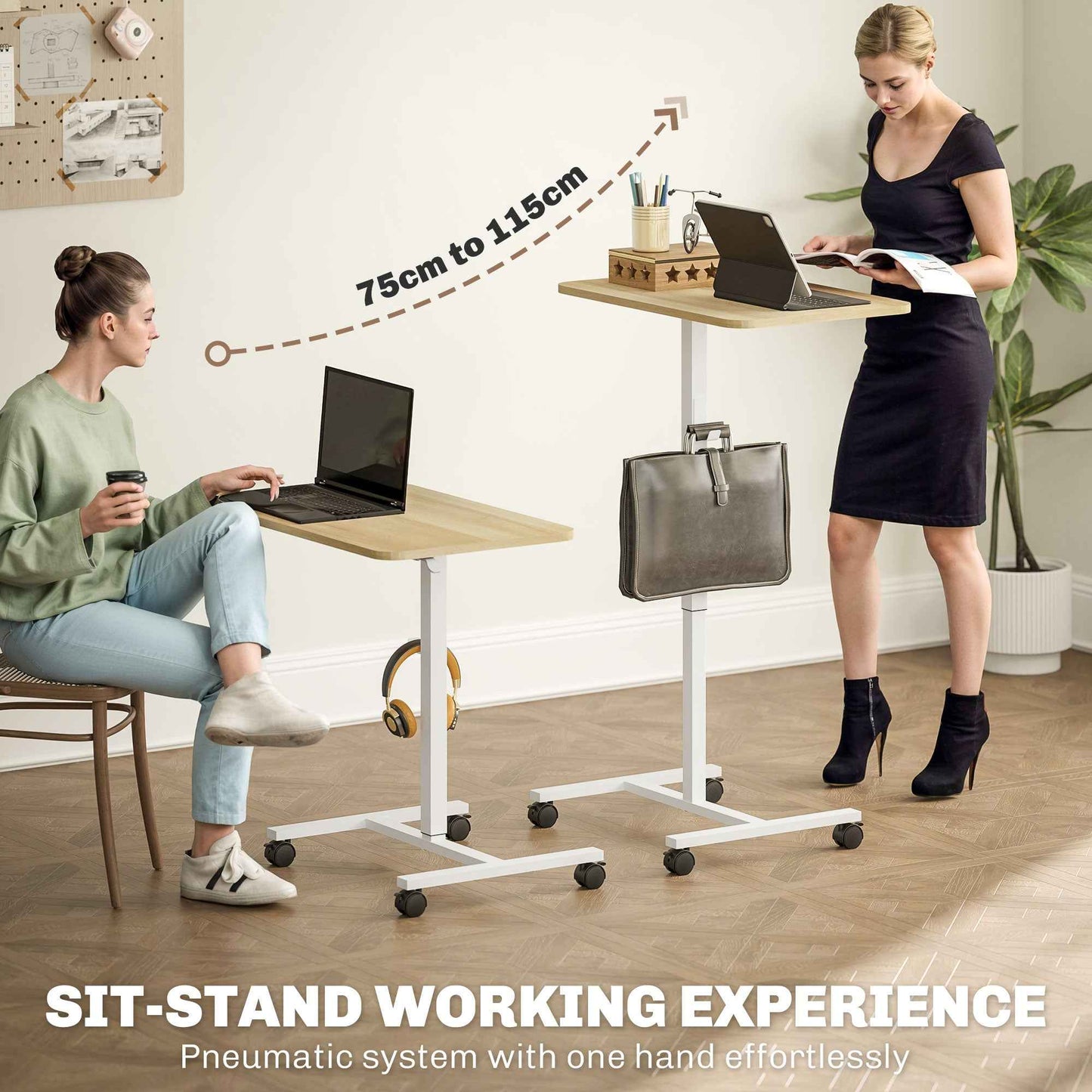 Pneumatic Adjustable Standing Desk with Wheels & Hook - Ergo Heights