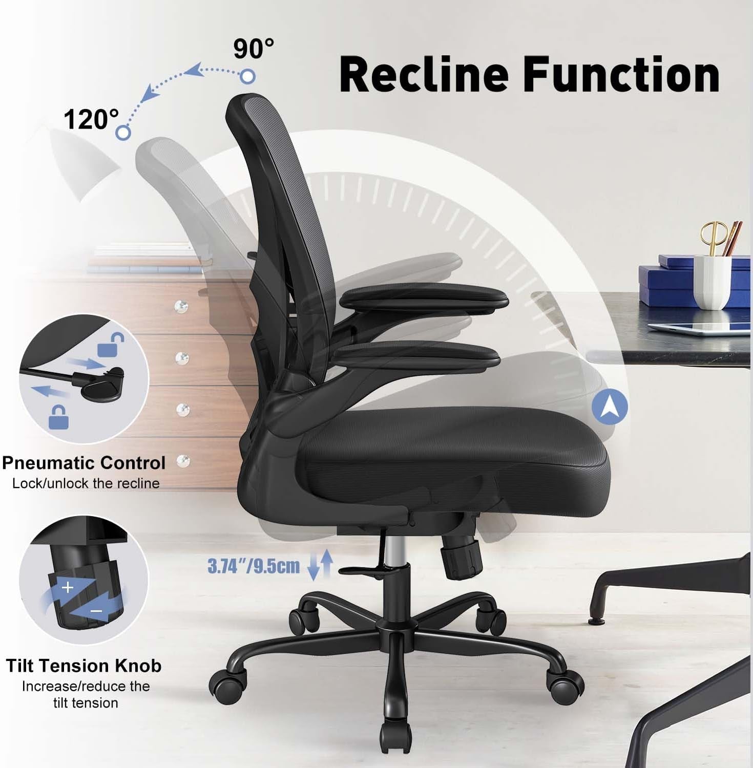 Ergonomic Mesh Office Chair with Adjustable Lumbar Support ＆ Flip-Up Arms, Breathable Computer Home Desk Chair with 360 & Height Adjustment, Black