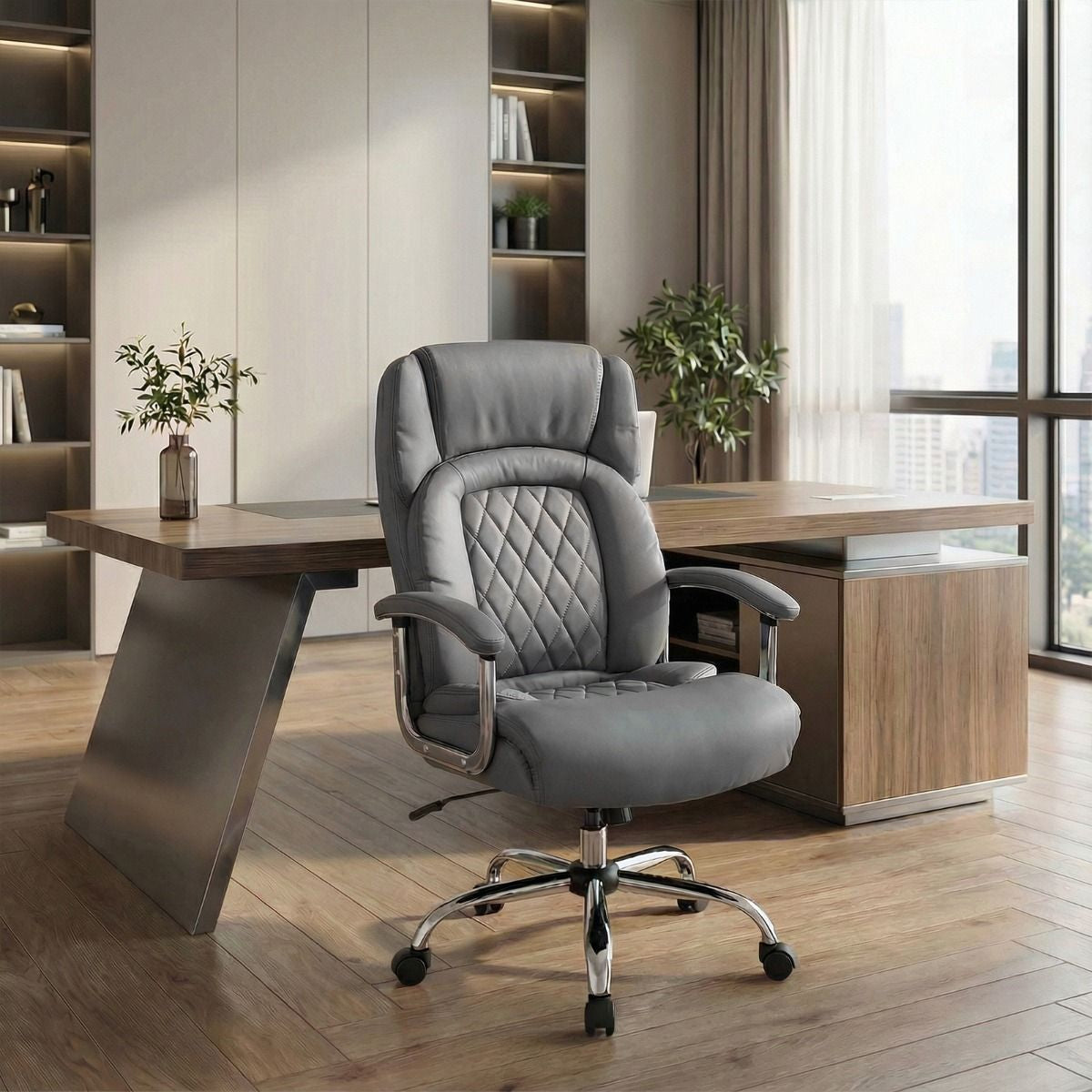 Leather Office Chair with Rocking Mode and Armrests