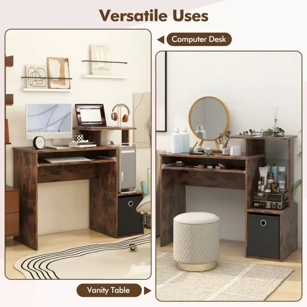 Space-Saving Computer Desk with Open Shelf and Fabric Storage Drawer - Ergo Heights