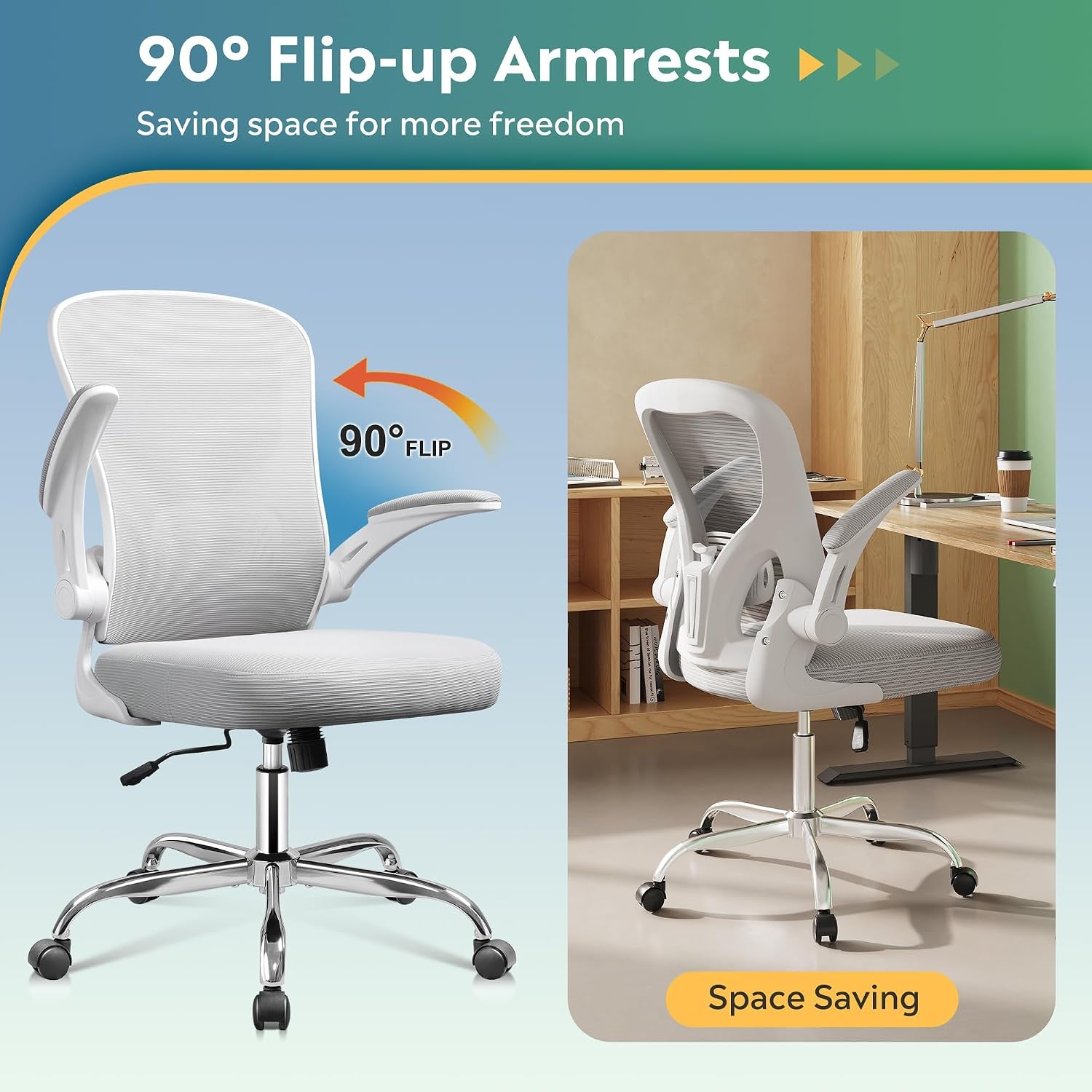 Ergonomic Office Chair with 90° Flip-Up Armrest, Lumbar Support, Home Office Chair with Padded Seat Cushion, Height Adjustable, 360° Rotation, Mesh Backrest for Home/Office, Grey