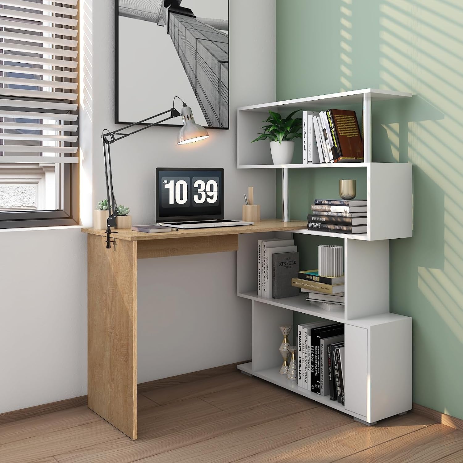 Corner Desk, L Shaped Desk with Rotatable Storage Shelves Oak&White