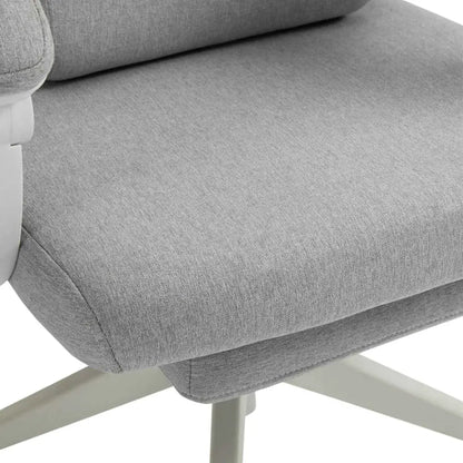 Gray textured fabric office chair with white plastic base and legs.