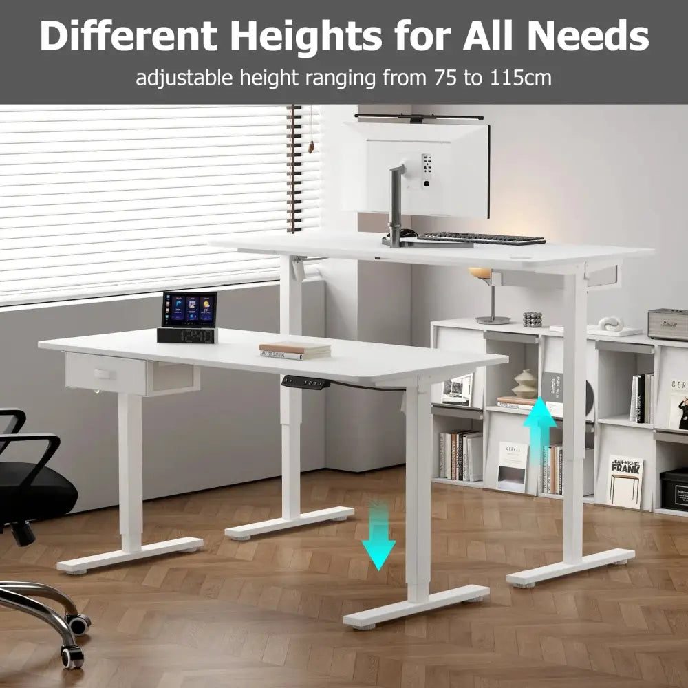 White adjustable height standing desk with a sleek modern design and sturdy metal legs