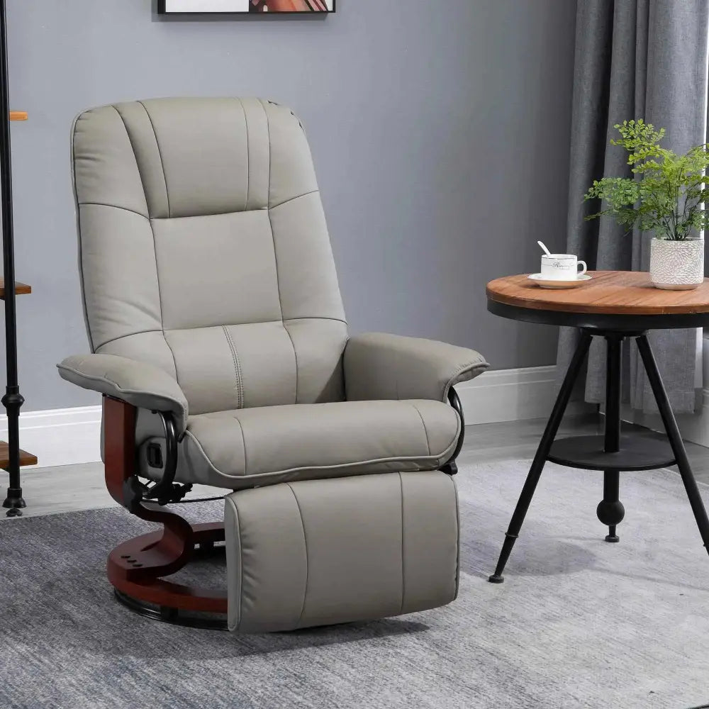 Beige leather recliner chair with a wooden base and black metal accents.