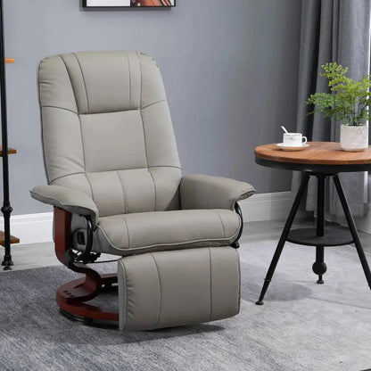 Beige leather recliner chair with a wooden base and black metal accents.