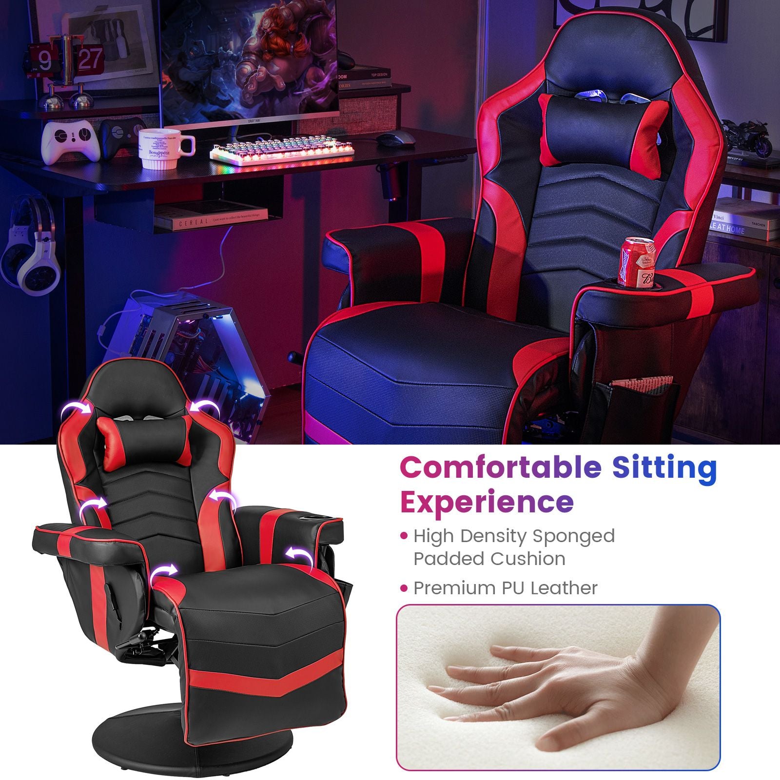 Electric Massage Gaming Chair with Cup Holder and Side Pouch
