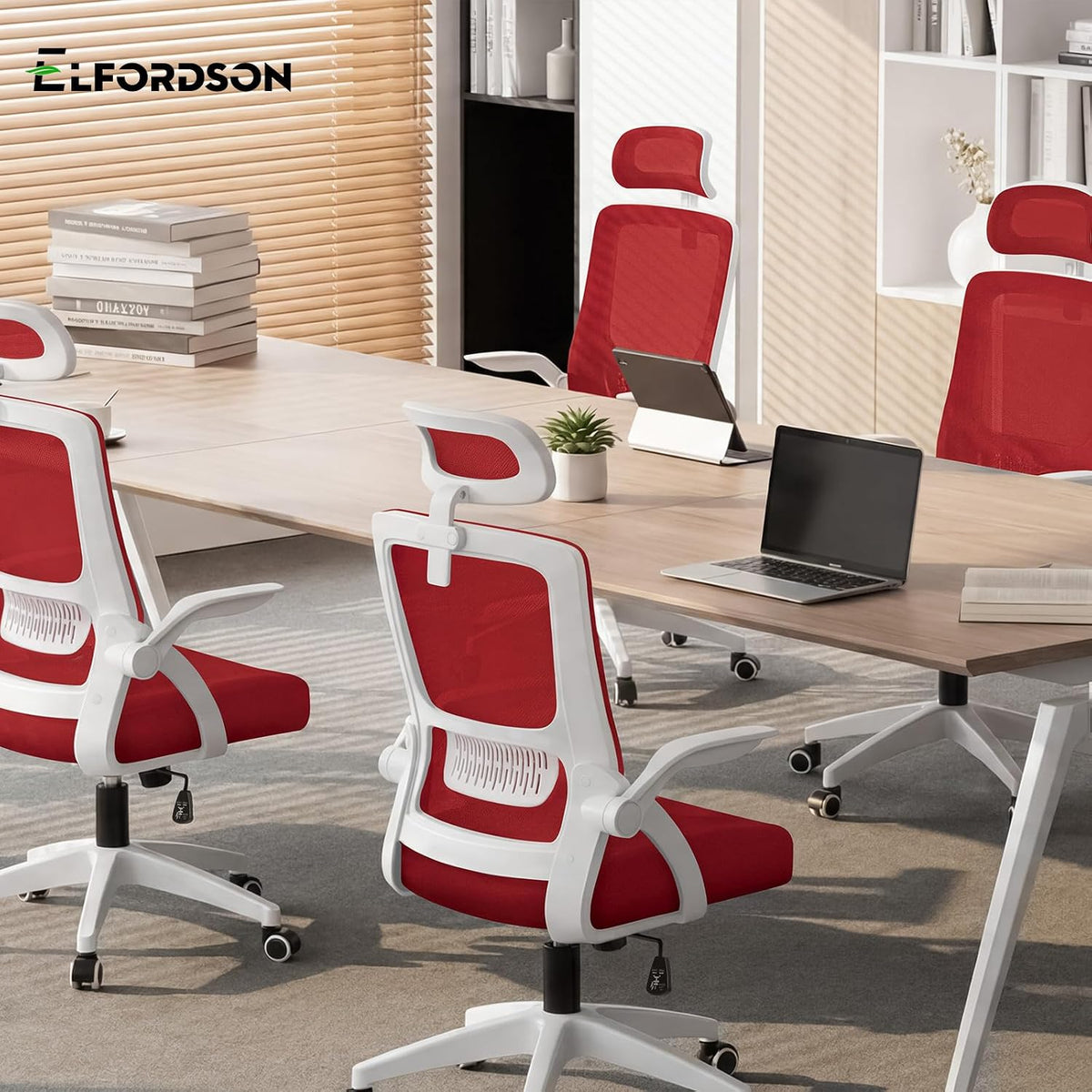 Ergonomic Office Chair, Mesh Desk Chairs with Headrest Lumbar Support, Executive Computer Swivel Chairs with Flip-Up Armrests, Comfy Seat, Height Adjustable, Rocking for Home, White & Red