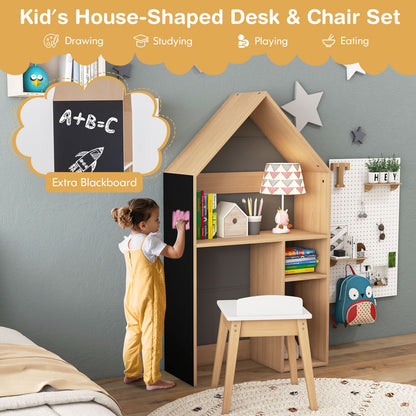 Wooden Kids Table and Chair Set House-Shaped with Blackboard
