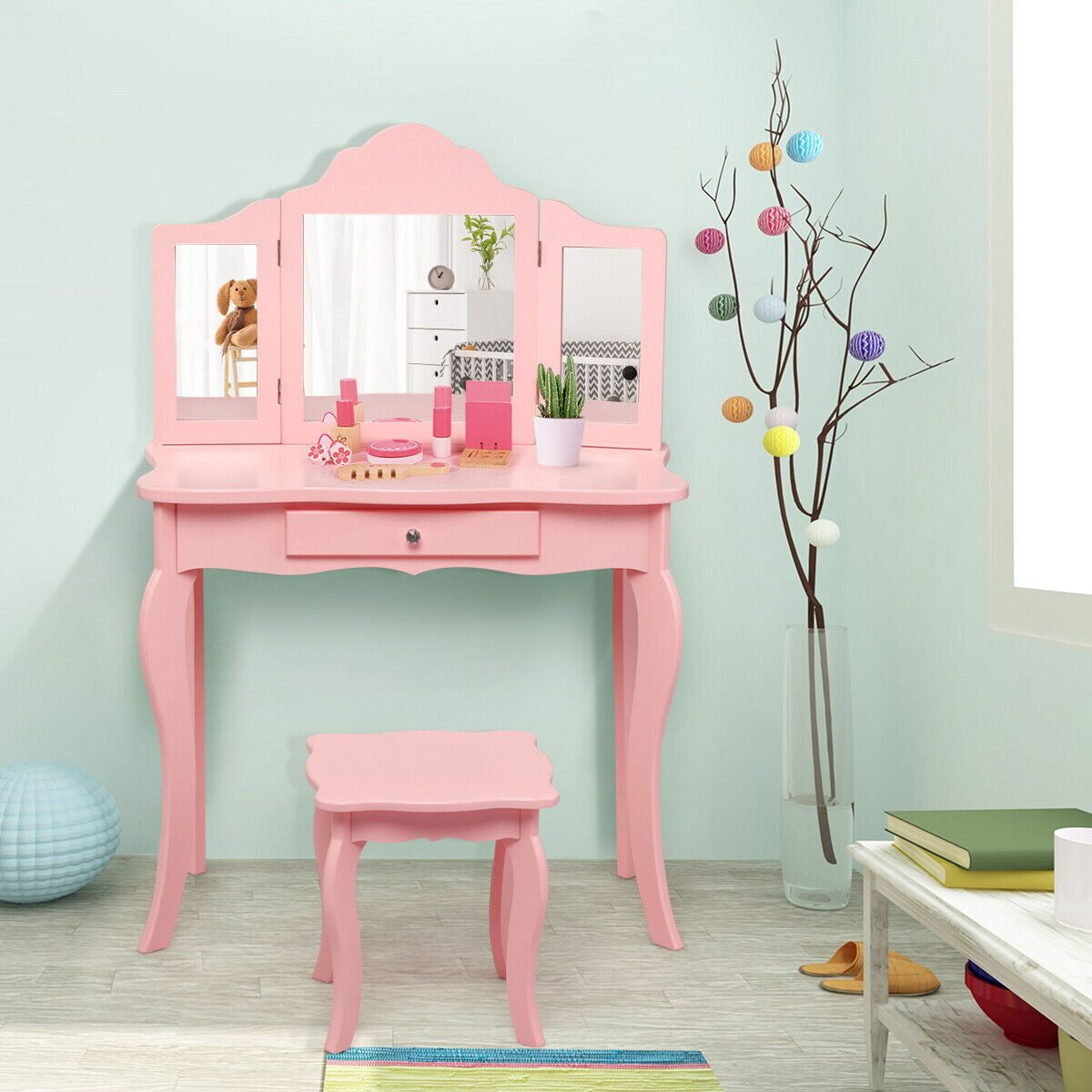 Kids Wooden Vanity Table and Stool Set with Detachable Top Folding Mirrors