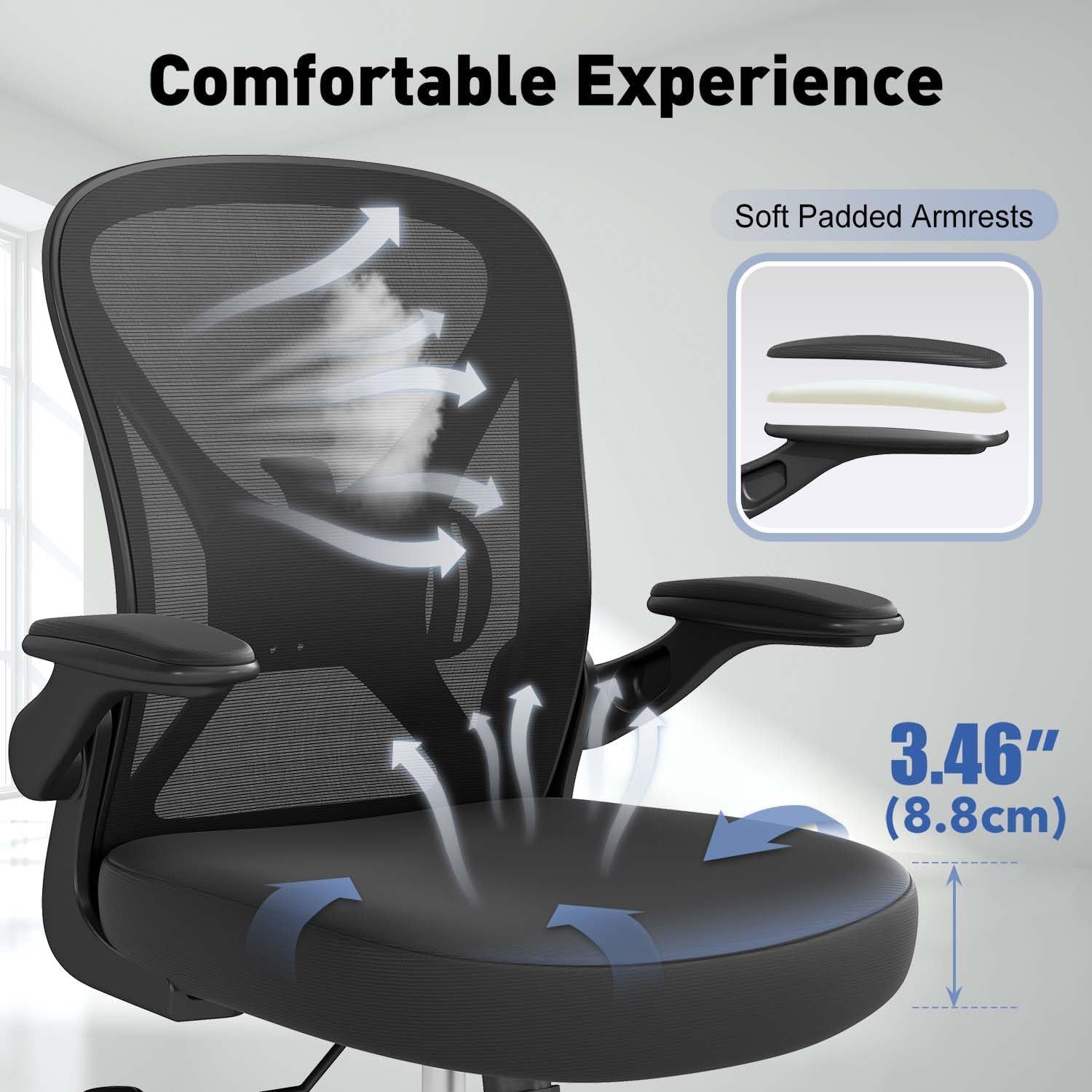 Ergonomic Mesh Office Chair with Adjustable Lumbar Support ＆ Flip-Up Arms, Breathable Computer Home Desk Chair with 360 & Height Adjustment, Black