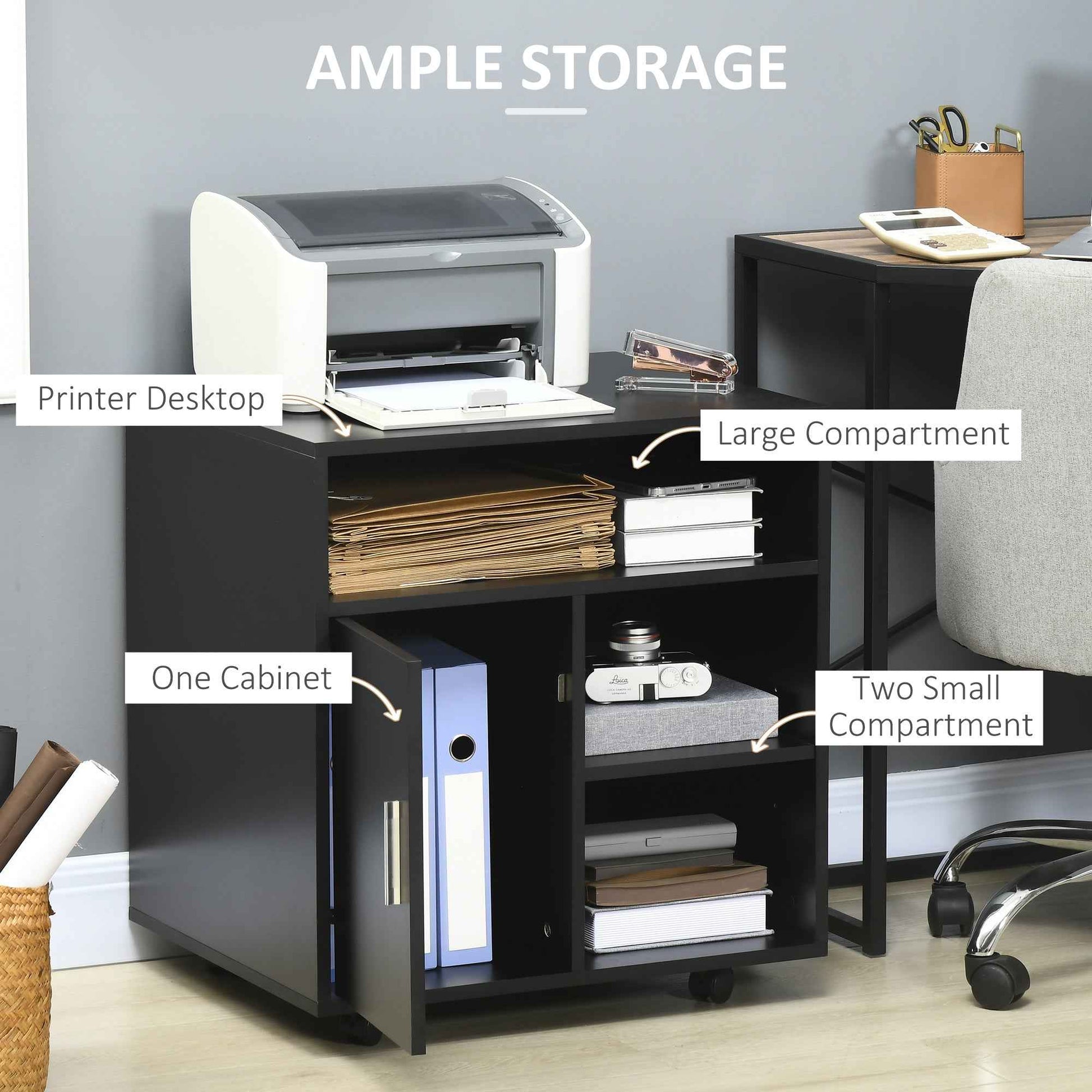 Multi-Storage Printer Unit Office Organisation 5 Compartments Wheels - Ergo Heights
