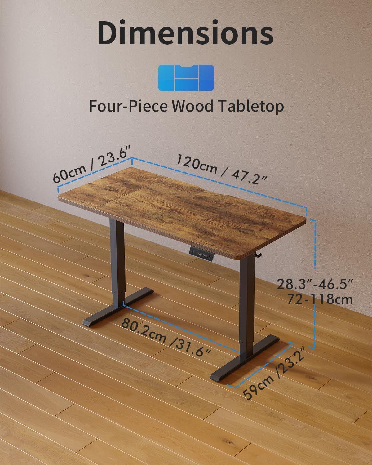 Electric Standing Desk 120 X 60 Cm, Height Adjustable Sit Stand Desk with Memory Presets, Home Office Computer Desk, Black Frame with Vintage Brown Top
