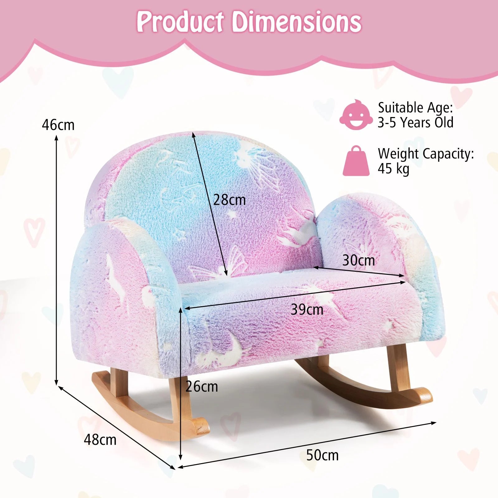 Upholstered Kids Rocking Chair with Luminous Effect and Poplar Wood Rocking Feet