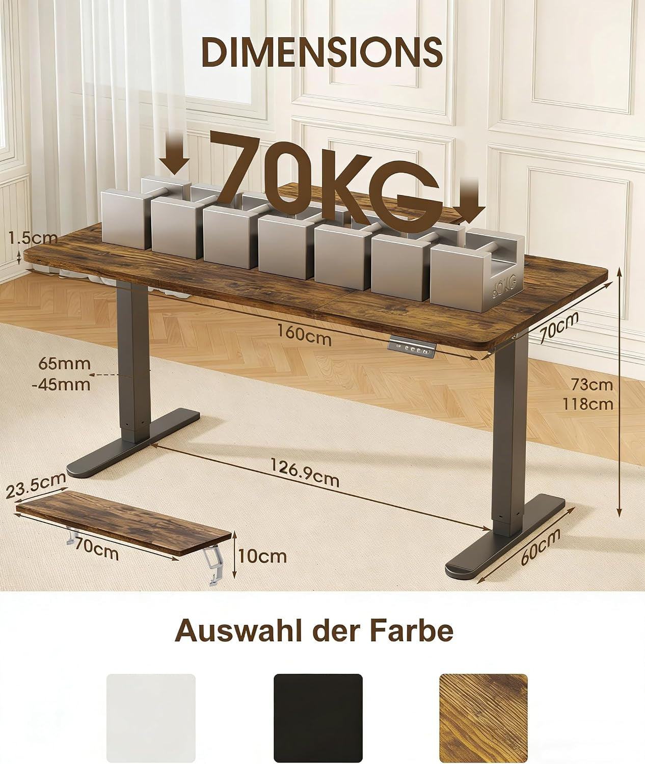 Electric Standing Desk 160 X 70Cm with Monitor Stand, Height Adjustable Desk for Gaming, Home Office Table with 2 Memory Smart Pannel (Rustic Brown)