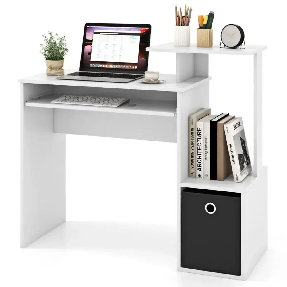 Space-Saving Computer Desk with Open Shelf and Fabric Storage Drawer - Ergo Heights