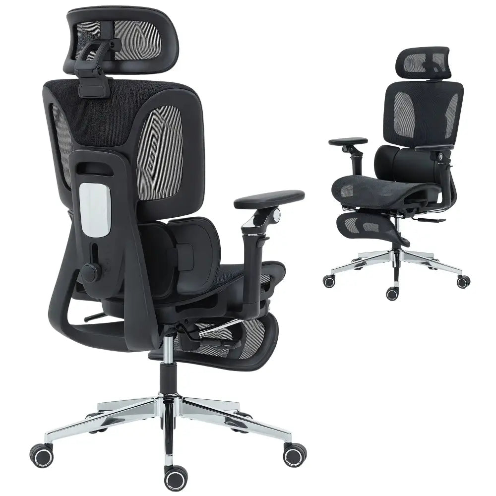 Ergonomic high-back mesh desk chair with separated backrest, headrest, and lumbar support, grey.