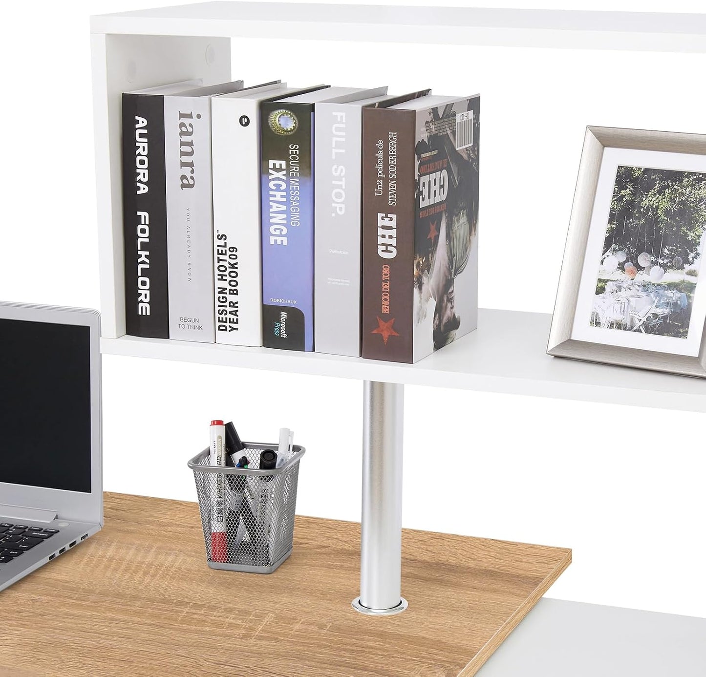 Corner Desk, L Shaped Desk with Rotatable Storage Shelves Oak&White