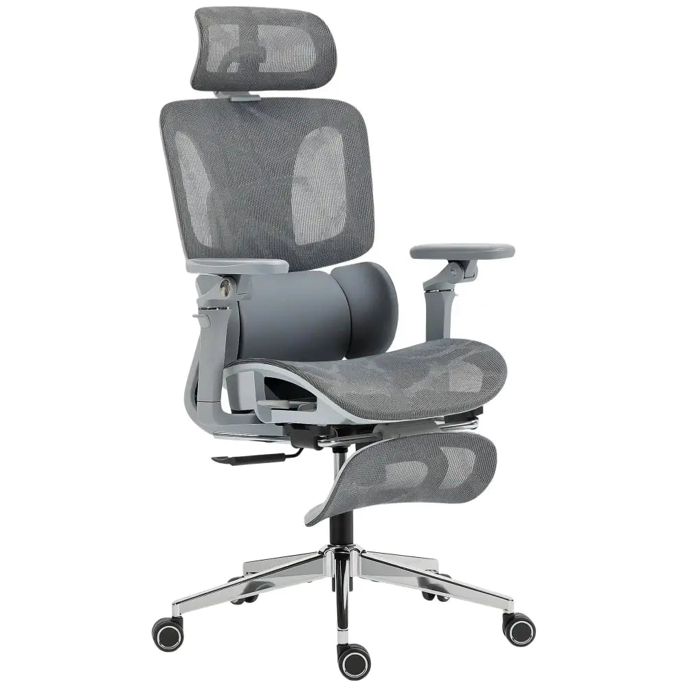 Grey high-back mesh ergonomic chair with separated backrest, lumbar support, headrest, and adjustable armrests.