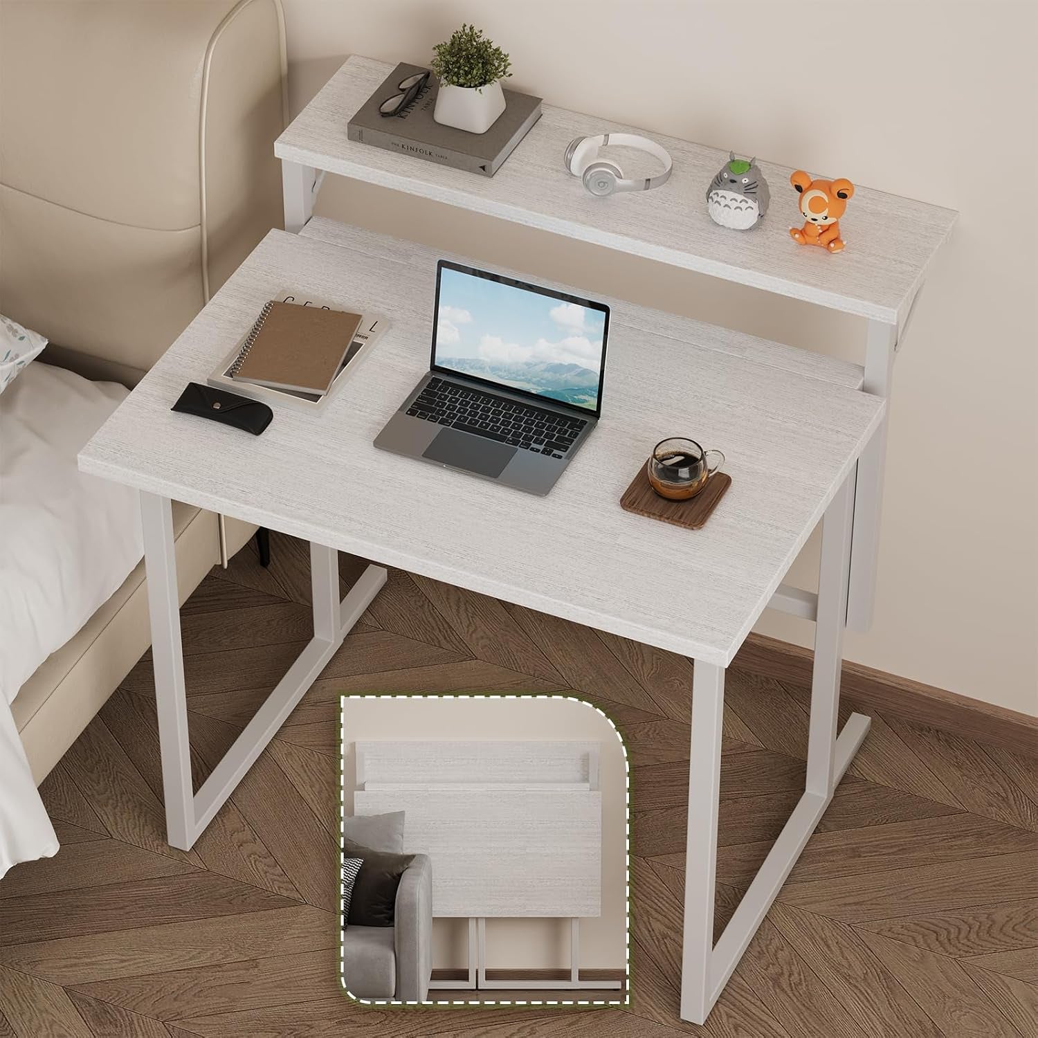 Foldable Desk,Small Desk with Monitor Shelf,2-Tier Folding Table for Home, Office, School, Computer Desk for Small Space,White
