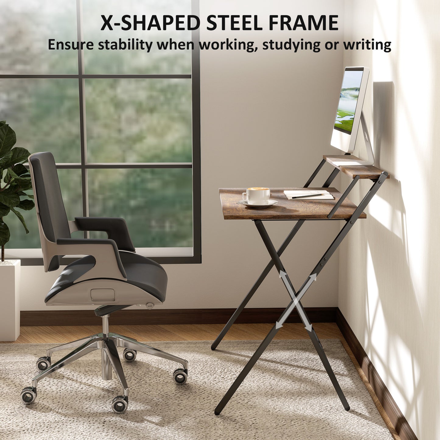 Small Folding Desk W/ Monitor Shelf 81.5 Cm Foldable Computer Desk Rustic Brown