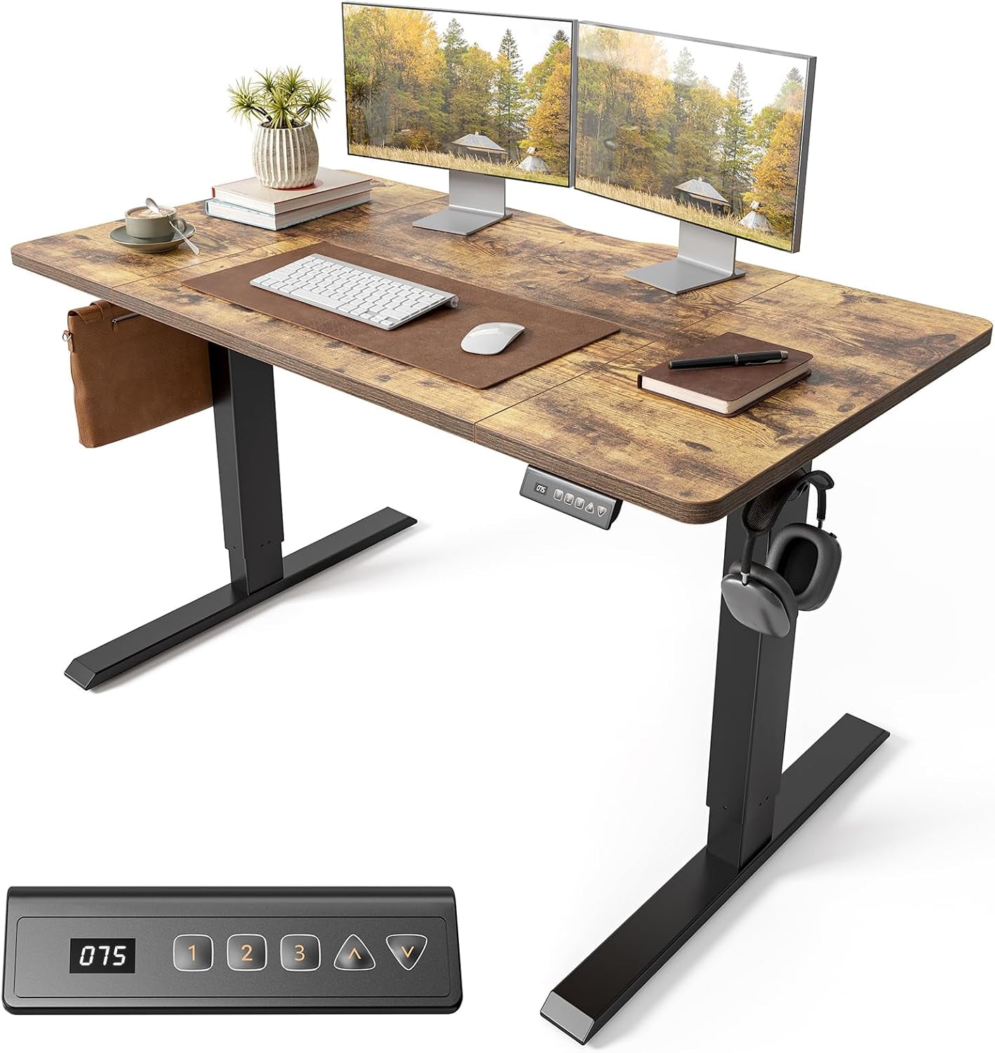 Electric Standing Desk 120 X 60 Cm, Height Adjustable Sit Stand Desk with Memory Presets, Home Office Computer Desk, Black Frame with Vintage Brown Top