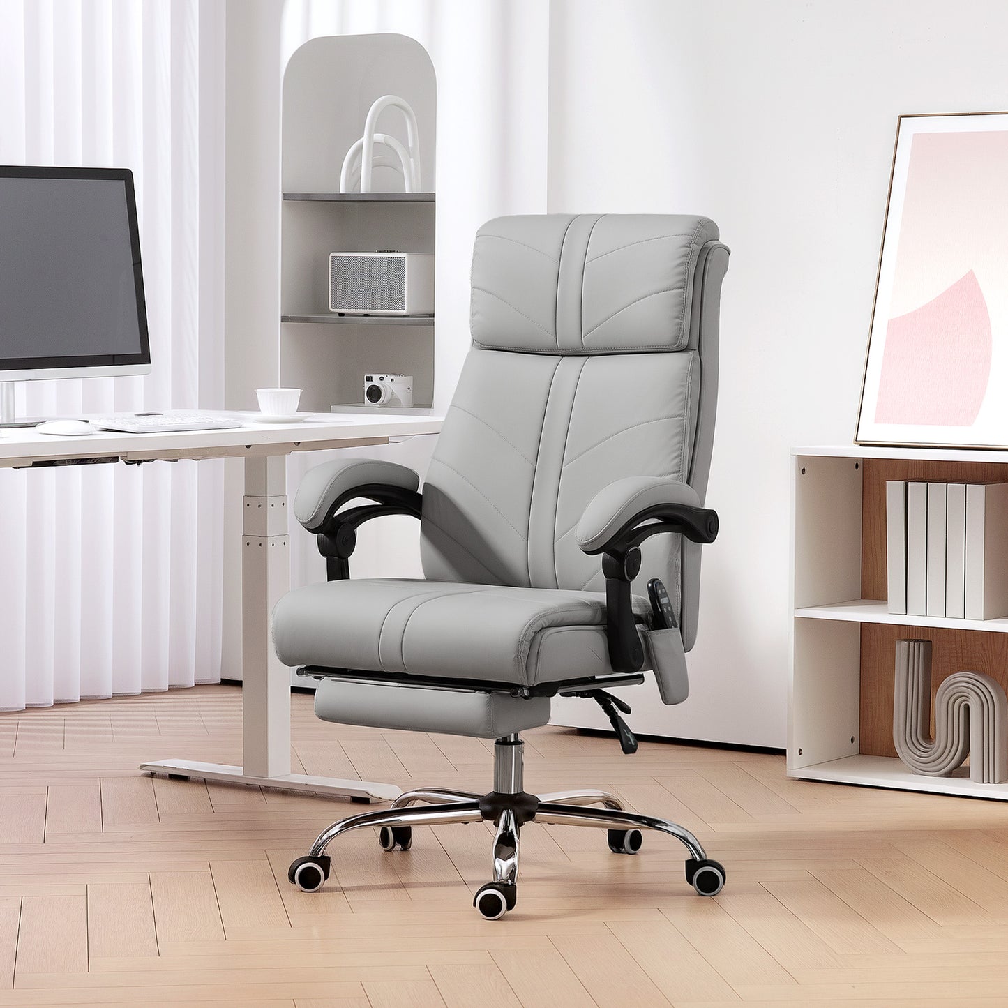 Office Chair with 4 Point Vibration Massage and Heat, Footrest, Light Grey