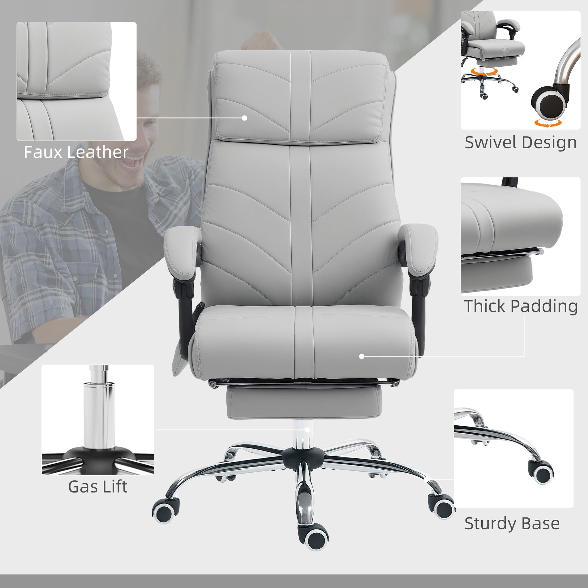 Office Chair with 4 Point Vibration Massage and Heat, Footrest, Light Grey