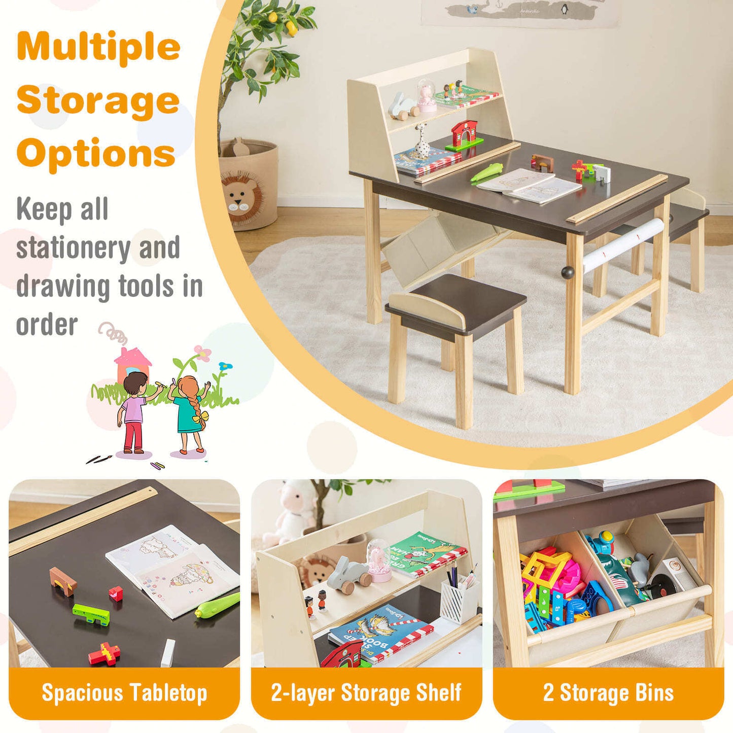 Kids Table & Chair Set Children Wooden Toddler Drawing Art Desk-Coffee