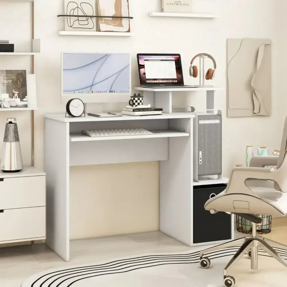 Space-Saving Computer Desk with Open Shelf and Fabric Storage Drawer - Ergo Heights