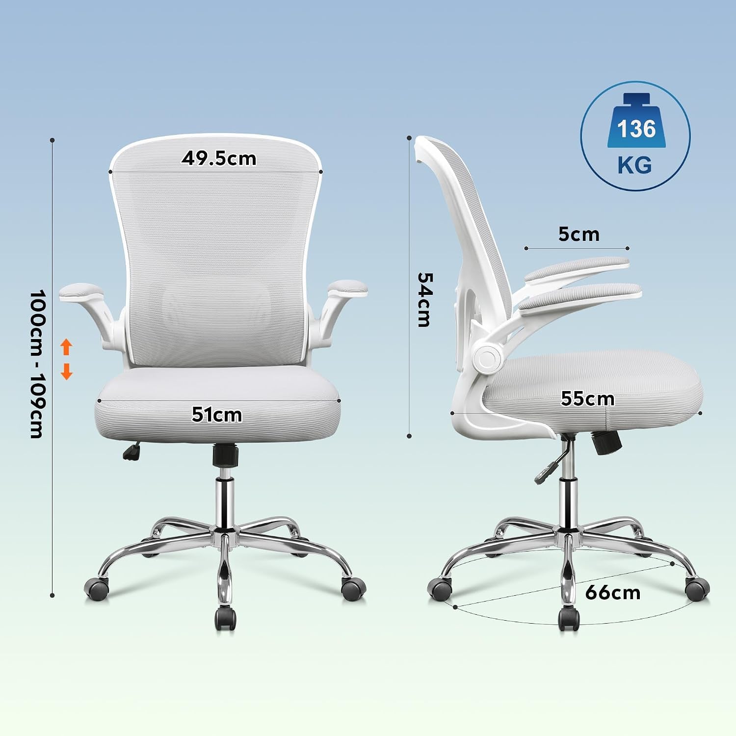 Ergonomic Office Chair with 90° Flip-Up Armrest, Lumbar Support, Home Office Chair with Padded Seat Cushion, Height Adjustable, 360° Rotation, Mesh Backrest for Home/Office, Grey