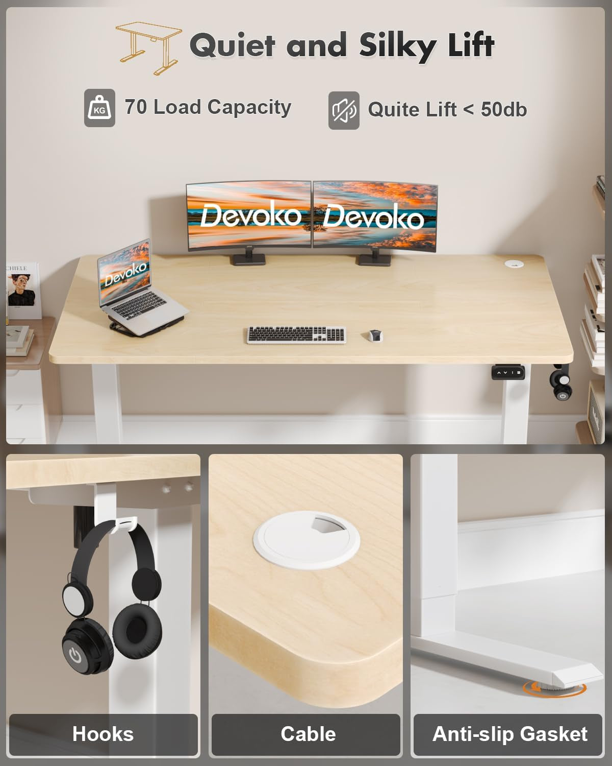 Electric Standing Desk 120X60Cm Sit Stand Table Height Adjustable Desk with Backpack Hook and Memory Smart Panel, Home Office with Splice Board, Beige | Ergonomic Desk Table with 2 Memory for Telework, Anti-Collision Function, Noise <50 Db, Load 70 Kg
