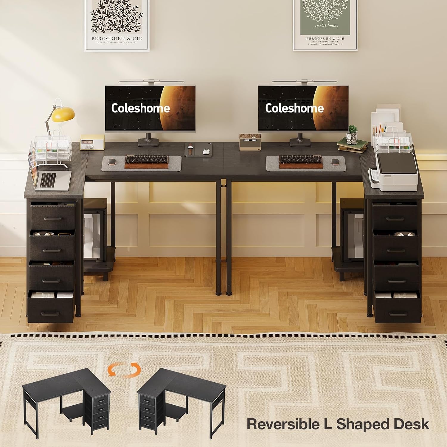 Small Corner Desk with Drawers for Home Office, 100X70 Cm, Black