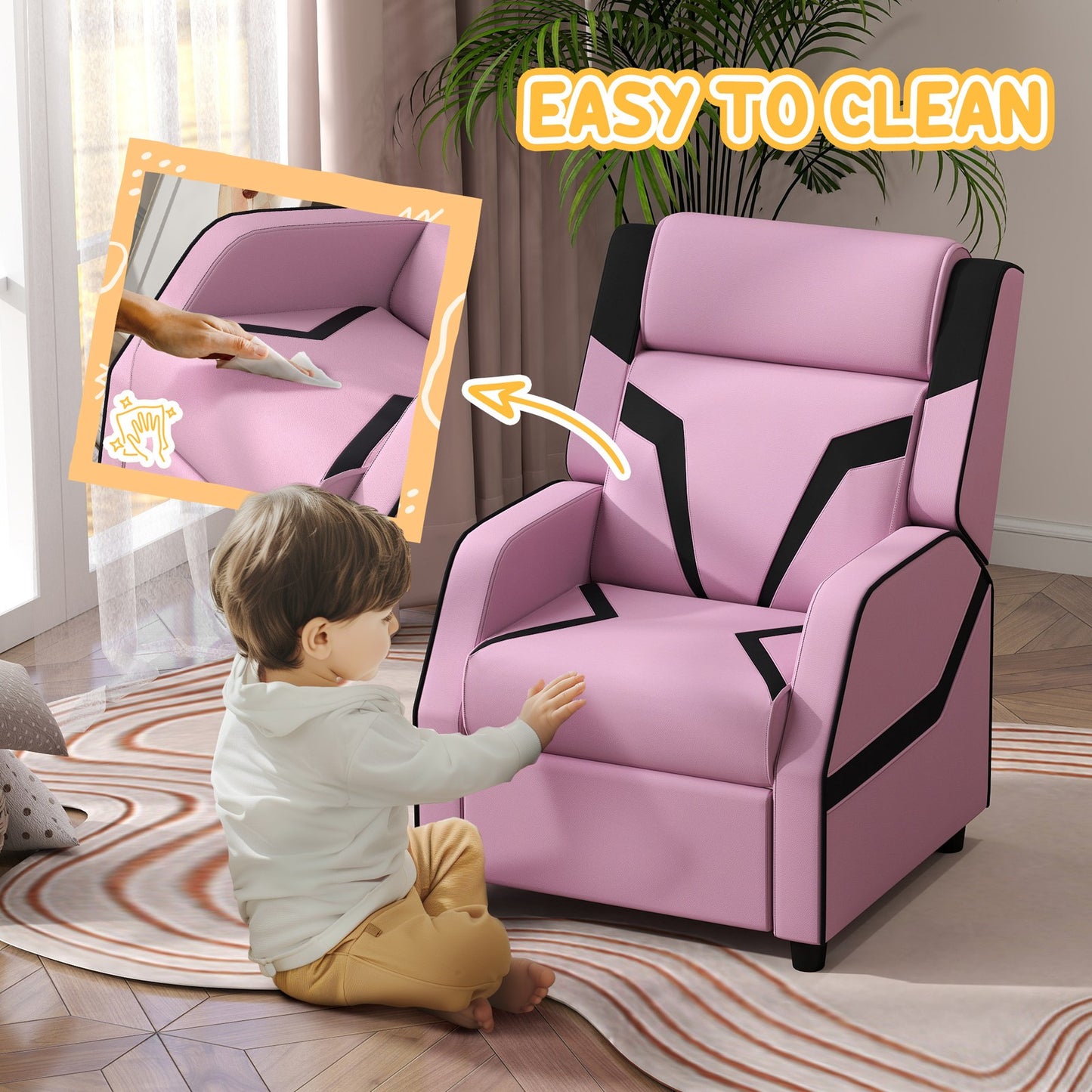 AIYAPLAY Kids Recliner, PU Leather Toddler Armchair Gaming Chair, Pink