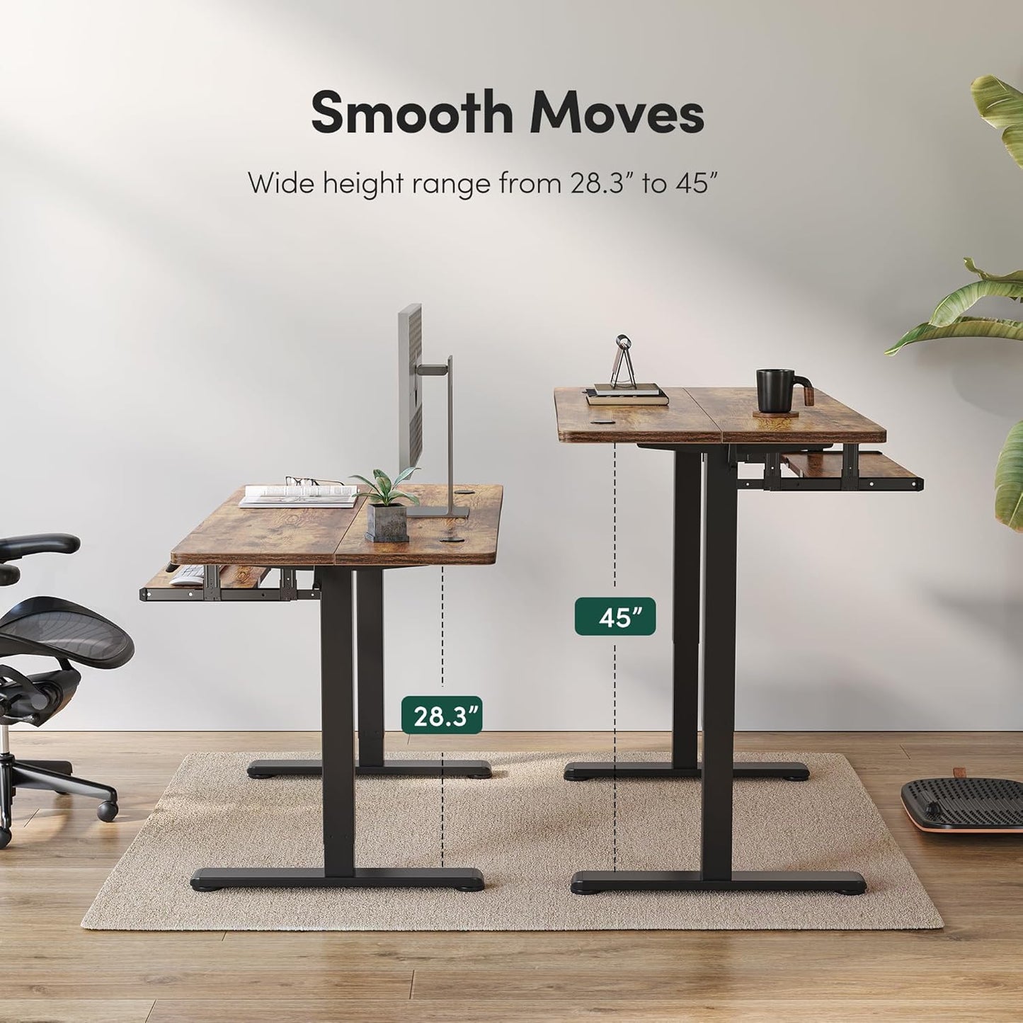 Height Adjustable Electric Standing Desk with Keyboard Tray, 100 X 60 Cm Sit Stand up Desk with Splice Board, Black Frame/Rustic Brown Top