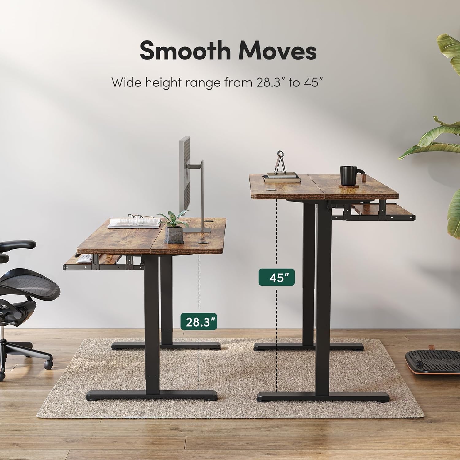 Height Adjustable Electric Standing Desk with Keyboard Tray, 100 X 60 Cm Sit Stand up Desk with Splice Board, Black Frame/Rustic Brown Top