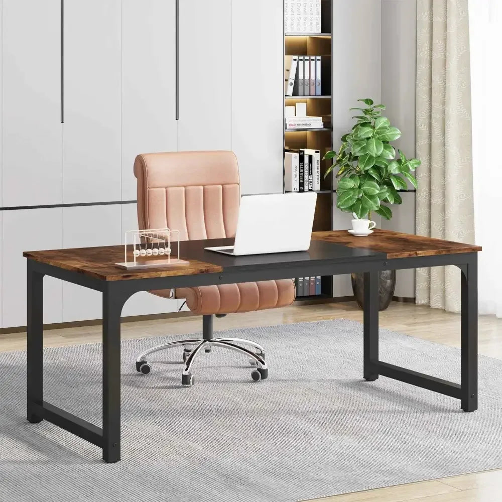 Spacious Computer Desk with Rustic Wood Top and Black Metal Frame - Ergo Heights