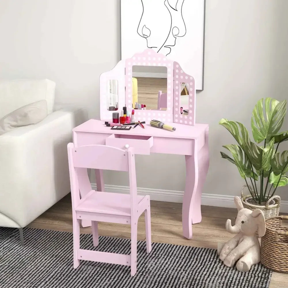 Children Vanity Set with Chair - Pink Polka Dot Design - Ergo Heights