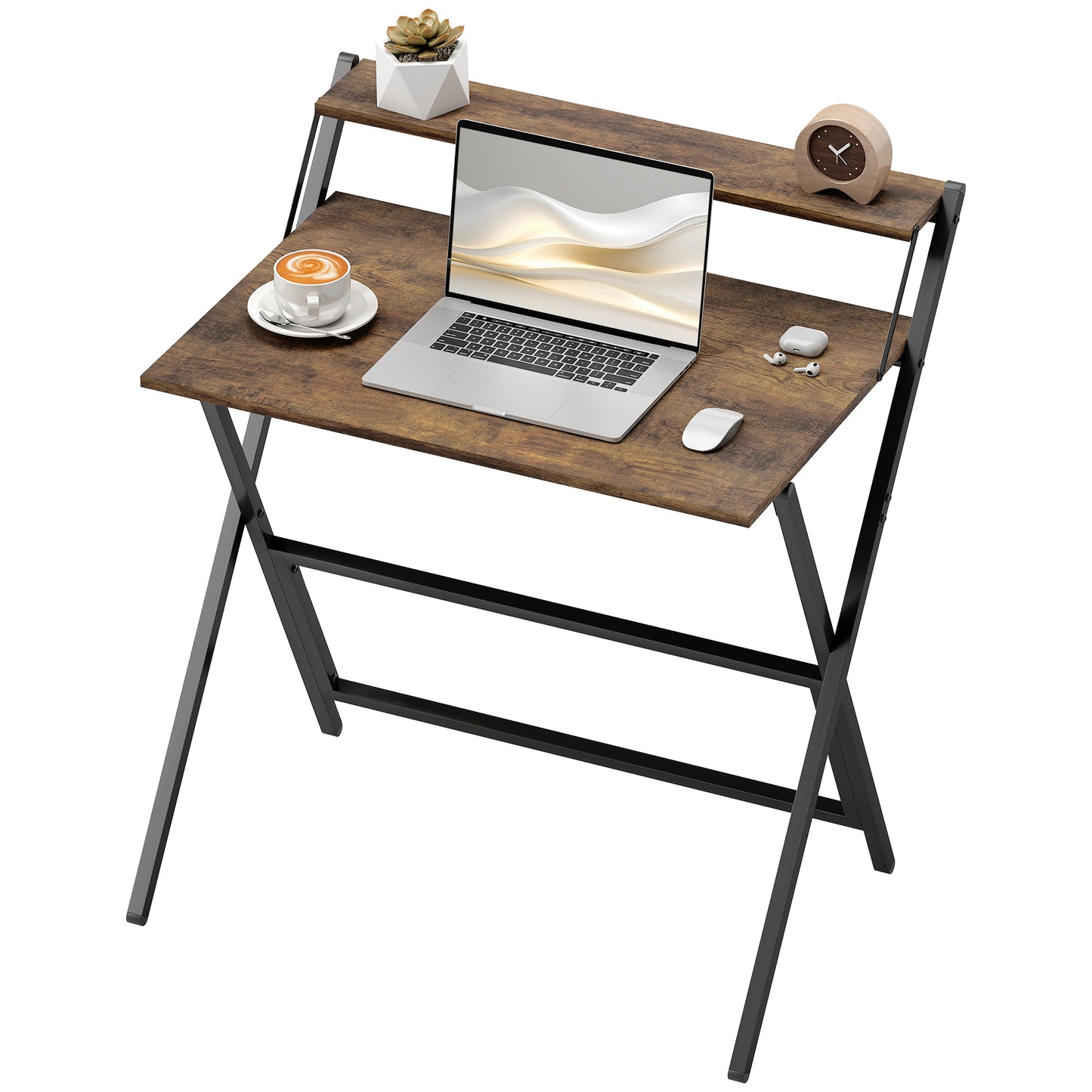 Small Folding Desk W/ Monitor Shelf 81.5 Cm Foldable Computer Desk Rustic Brown
