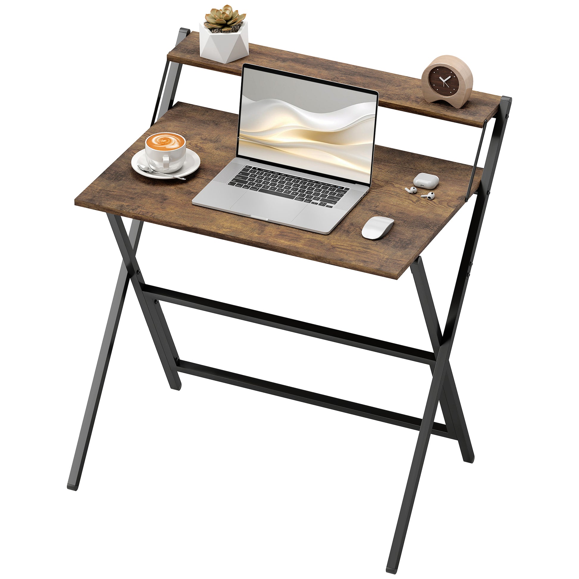 Small Folding Desk W/ Monitor Shelf 81.5 Cm Foldable Computer Desk Rustic Brown