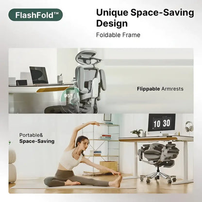 Flashfold™ foldable office chair with a sleek gray and black frame, flipbable armrests, and an ergonomic design for space-saving portability.