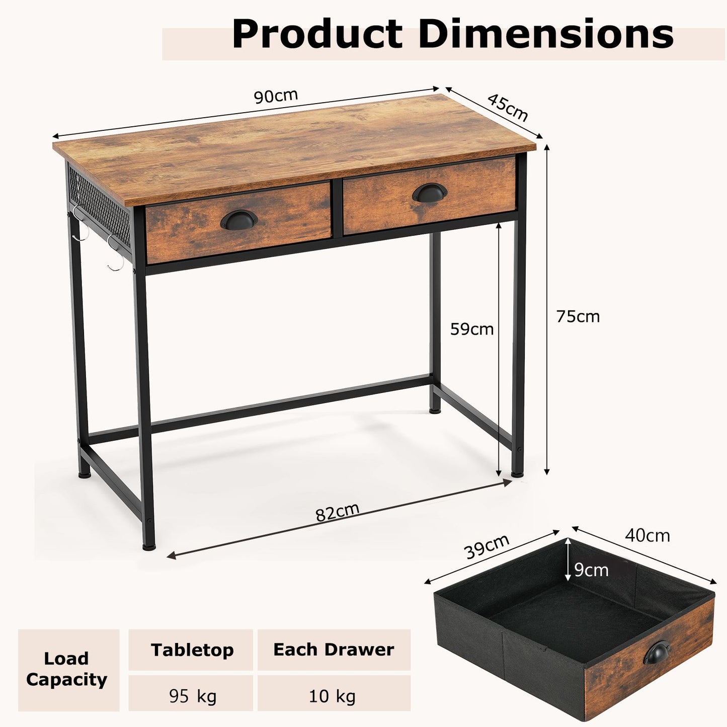 Space Saving Computer Desk with 2 Fabric Drawers