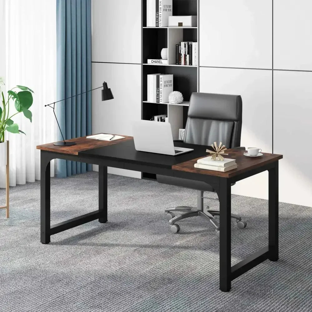 Spacious Computer Desk with Rustic Wood Top and Black Metal Frame - Ergo Heights